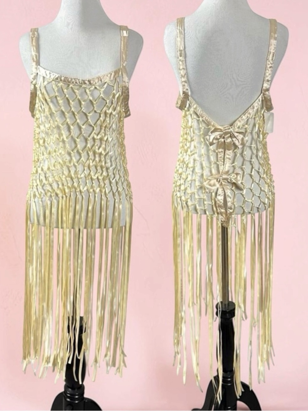 UO Coquette Dainty See Through Satin Ribbon Bow Fringe Midi Top in Blush Small